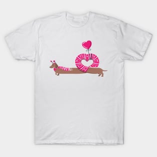 Dachshunds long love // fuchsia pink hearts scarves sweaters and other Valentine's Day details brown funny weiner dog puppy Scale + Placement Primary Tag T-Shirt